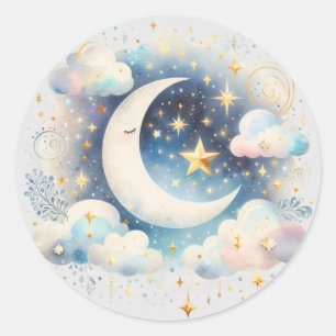 Sticker Rond Boho céleste bleu et blanc de la lune Moderne