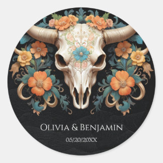 Sticker Rond Boho Chic Aquarelle Floral Vache Mariage crâne