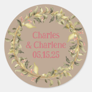 Sticker Rond Boho Chic Brown Fleur Rose Wreath