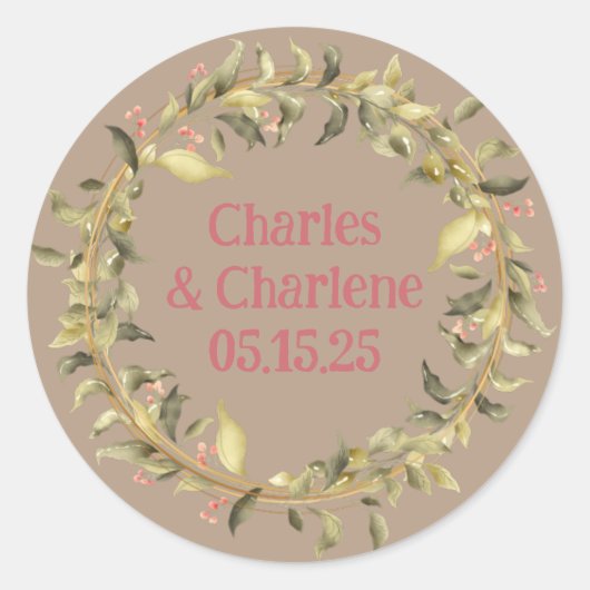 Sticker Rond Boho Chic Brown Fleur Rose Wreath (Devant)