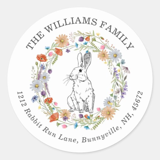 Sticker Rond Boho Chic Bunny de Pâques Aquarelle Fleurs sauvage (Devant)