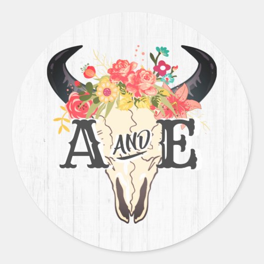 Sticker Rond Boho Chic Crâne de vache Floral Russe Mariage Mono (Devant)