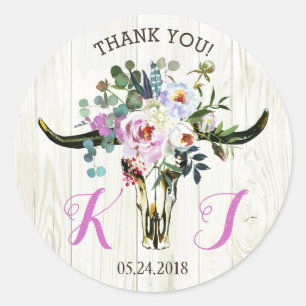 Sticker Rond Boho Chic Floral Longhorn Mariage du crâne