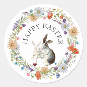 Sticker Rond Boho Chic Joyeux Bunnies de Pâques Printemps Fleur