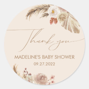 Sticker Rond Boho Chic Pampas Merci Baby shower en herbe