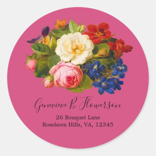 Sticker Rond Boho Chic Roses Rose Blanc Bleu Papillon Magenta (Devant)