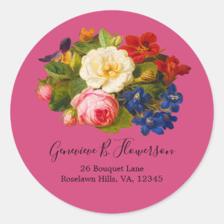 Sticker Rond Boho Chic Roses Rose Blanc Bleu Papillon Magenta