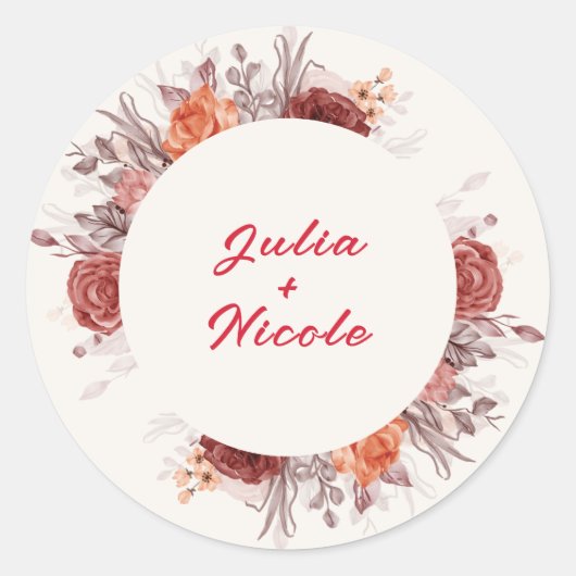 Sticker Rond Boho de Bourgogne Rose Floral Pampas Mariage (Devant)