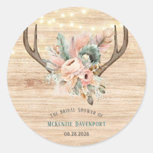Sticker Rond Boho Deer Antlers et Florals Fête des mariées en b