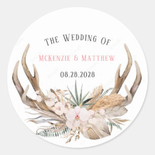 Sticker Rond Boho Deer Antlers et Florals Mariage