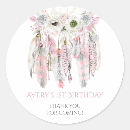 Sticker Rond Boho Dream Catcher Gris rose Plumes d'ivoire (Devant)
