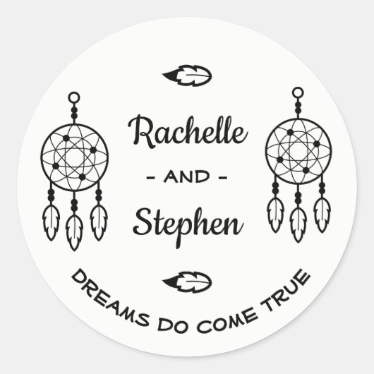 Sticker Rond Boho Dream Catcher Mariage Fiançailles noir blanc (Devant)