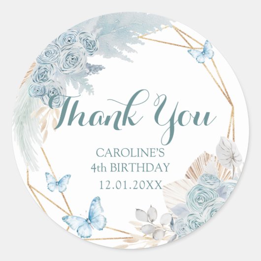 Sticker Rond Boho Dusty Blue Butterfly Merci d'anniversaire (Devant)