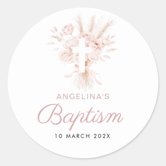 Sticker Rond boho dusty rose pampas baptême floral (Devant)