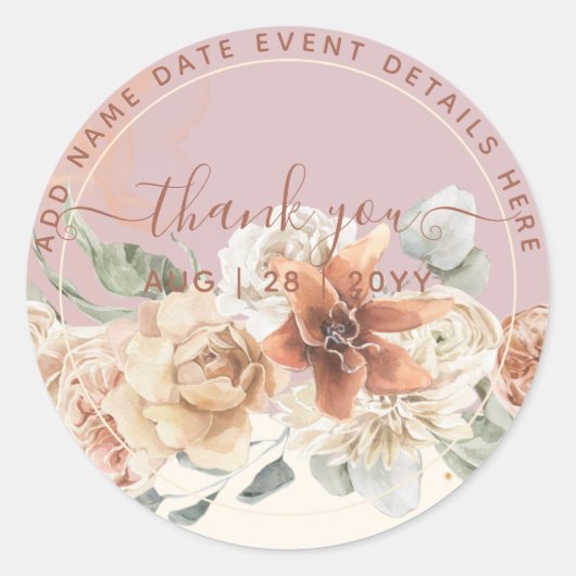 Sticker Rond Boho Dusty Rose Pampas Grass Merci Favoriser (Devant)