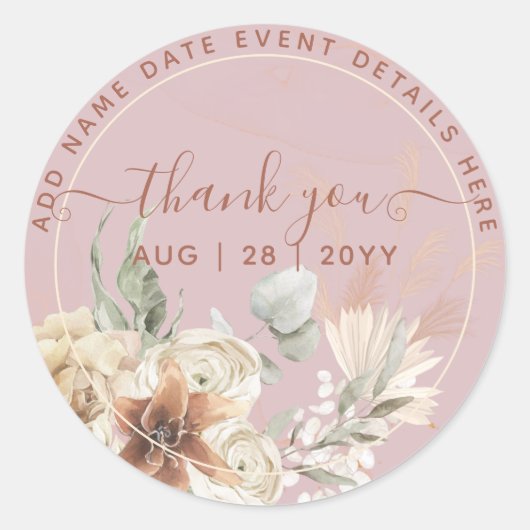Sticker Rond Boho Dusty Rose Pampas Grass Merci Favoriser (Devant)