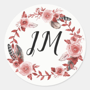 Sticker Rond Boho Feather Bourgogne Rose Wreath Monogramme Mari