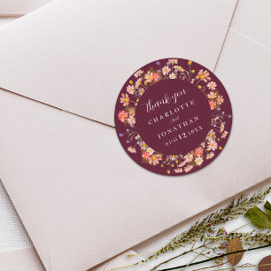 Sticker Rond Boho Fleur de la Prairie Florale Bourgogne Mariage