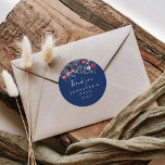 Sticker Rond Boho Fleur sauvage Merci mariage Faveur<br><div class="desc">Ce fleur sauvage boho merci mariage faveur classique collant rond est parfait pour un mariage rustique. Le design se compose d'un assortiment multicolore de fleurs sauvages roses, rousses, violettes, jaunes, blanches, violettes, rouges, bordeaux. Faites de l'autocollant votre propre étiquette en incluant vos noms, l'événement (s'il y a lieu) et la...</div>