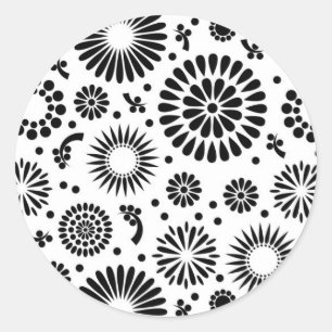 Sticker Rond Boho fleurs Motif floral vectoriel noir et blanc