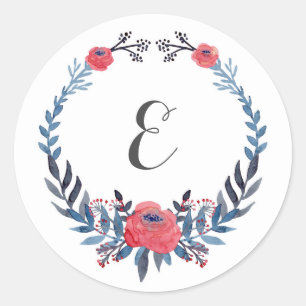 Sticker Rond Boho Floral Aquarelle Roses rouges Monogramme