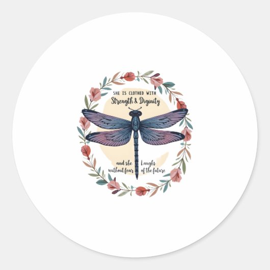Sticker Rond Boho Floral Dragonfly She Is Clothed With Strength (Devant)