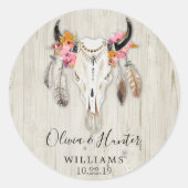 Sticker Rond Boho Floral Feather Antler Cow Mariage crâne (Devant)