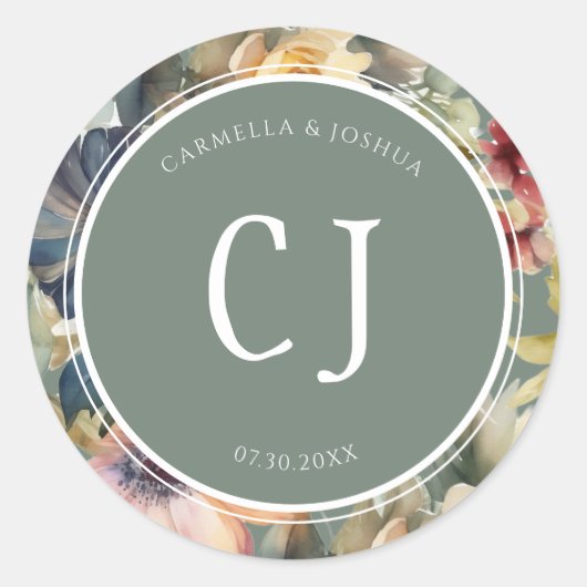 Sticker Rond Boho Floral Fleur sauvage Monogram Sage Green (Devant)
