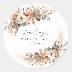 Sticker Rond Boho Floral Herbe de Pampas Baby Shower