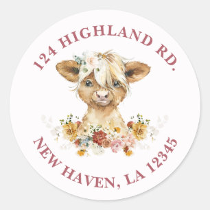 Sticker Rond Boho Floral Highland Cow Adresse de retour