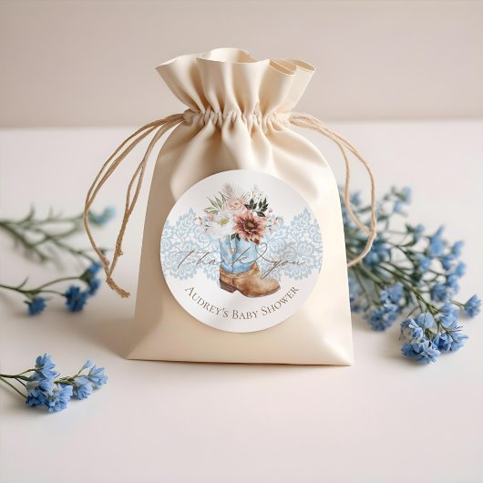 Sticker Rond Boho Floral Western Blue Cowboy Boot Merci