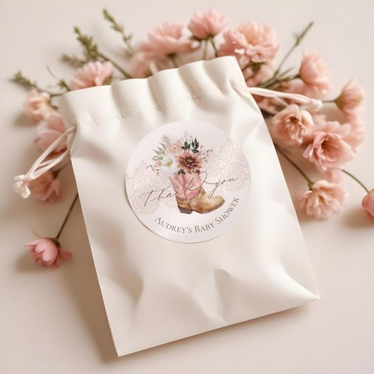 Sticker Rond Boho Floral Western Pink Cowgirl Boot Merci