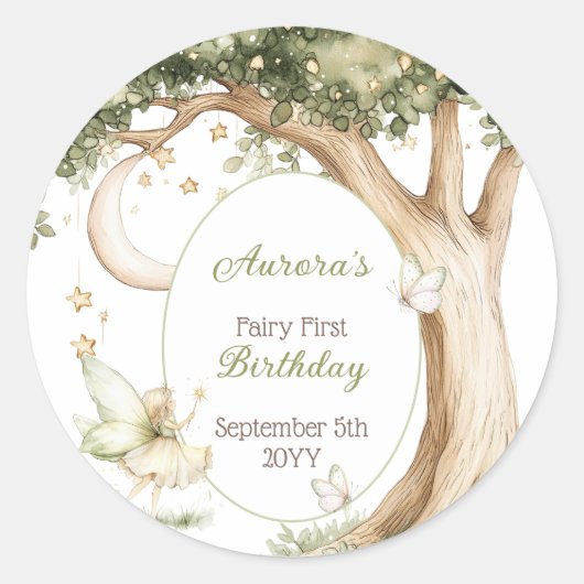 Sticker Rond Boho forest watercolor Fairy First birthday (Devant)