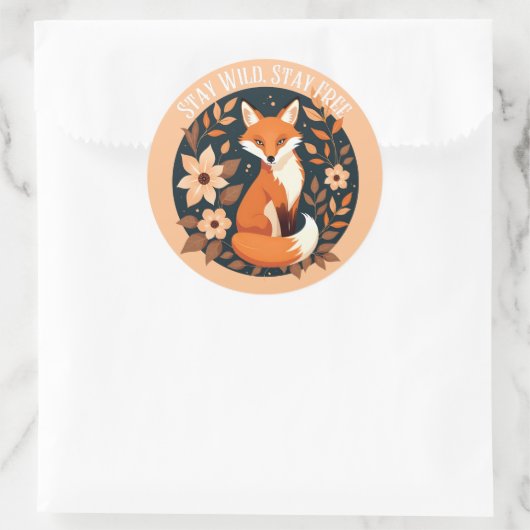 Sticker Rond Boho Fox "Stay Wild, Stay Free" Woodland Design (Sac)