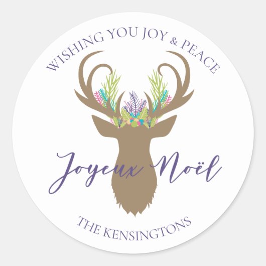 Sticker Rond Boho French Christmas Joie Reindeer Typographie (Devant)