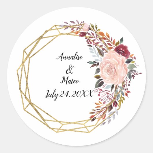 Sticker Rond Boho géométrique Floral Mariage Nom et date (Devant)