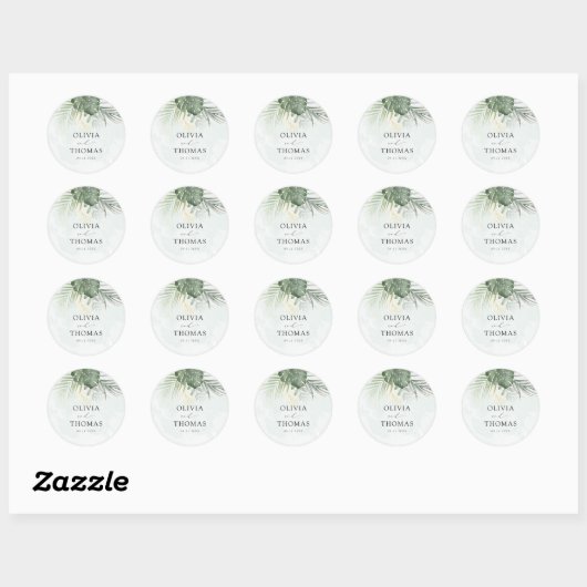 Sticker Rond Boho Green Palms Coastal Wedding (Feuille)