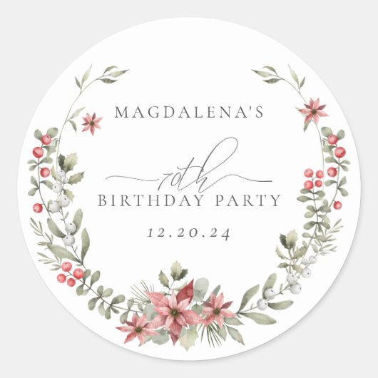 Sticker Rond Boho greenery hivernale florale rouge 70e annivers (Devant)
