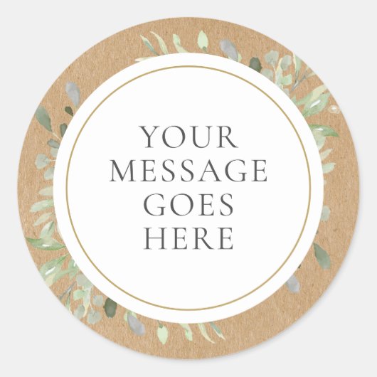 Sticker Rond Boho Greenery Kraft Rustique Votre Message (Devant)
