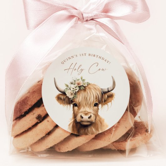 Sticker Rond Boho Highland Cow Anniversaire de enfant Party