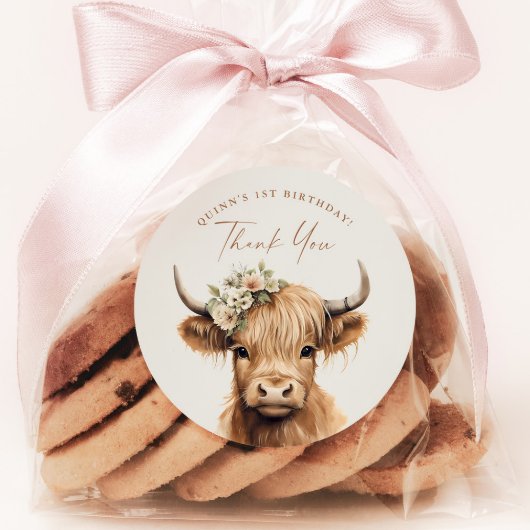 Sticker Rond Boho Highland Cow Anniversaire de enfant Party Mer