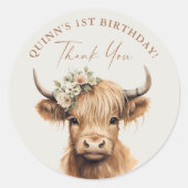 Sticker Rond Boho Highland Cow Anniversaire de enfant Party Mer (Devant)