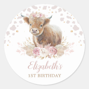 Sticker Rond Boho Highland Cow Floral Pampas Herbe 1er Annivers