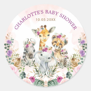 Sticker Rond Boho Jungle Safari Tropical Wild Animals Baby Girl