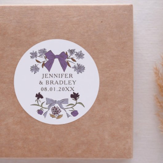 Sticker Rond Boho Lilac Ribbons Floral Wedding Favoriser
