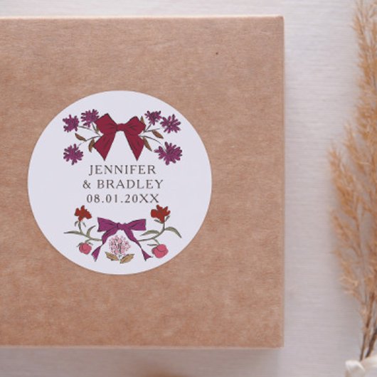 Sticker Rond Boho Magneta Ribbons Floral Wedding Favoriser