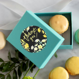 Sticker Rond Boho Merci Floral Vert Jaune Noir