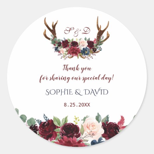 Sticker Rond Boho Merlot Marine Blue Floral Antlers Mariage (Devant)