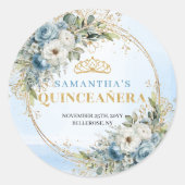 Sticker Rond Boho Modern Floral Blue Gold Greenery Quinceañera (Devant)