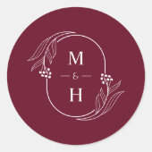Sticker Rond Boho Modern Monogram Elegant Burgundy Wedding (Devant)